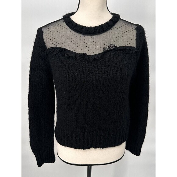 Zara Long Sleeve  Cropped Sweater Chunky Knit Black Size Medium Mesh‎ - Picture 1 of 16